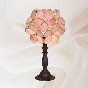 Tiffany Style Blossom Flower Table Lamp, Pink, Beige Floral Desk Lamp, Romantic, Elegant Lighting, Art Nouveau, Stained Glass, Bedroom Decor