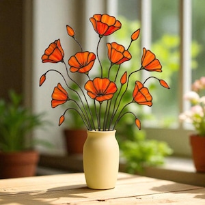 Stained Glass Flower Bouquet in Vase, Orange Poppy Glass Flowers, Handmade Stained Glass Decor, Unique Gift for Her, Housewarming Gift