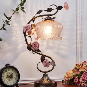 Vintage Floral Table Lamp: Romantic Rose Bedside Light, Antique Bronze Base