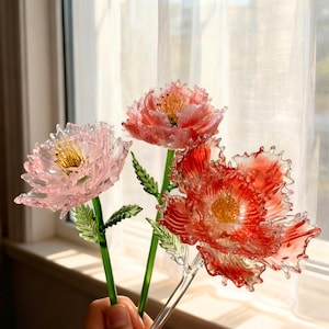 Peony Glass Flower Figurine, Handmade Stained Glass Blossom Ornament, Elegant Glass Floral Sculpture, Unique Home Decor and Gift Collectible