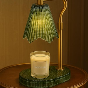 Small Green Glass Flower Lamp -  Gold Vintage Nightstand Light & Flower Design