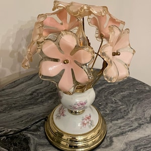 Vintage Pink Floral Glass Petal Lamp with Ceramic Base – Romantic Cottagecore Table Light