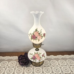 Vintage Milk Glass Floral Hurricane Lamp: Hand Painted Pink & Purple Flowers, Night Light